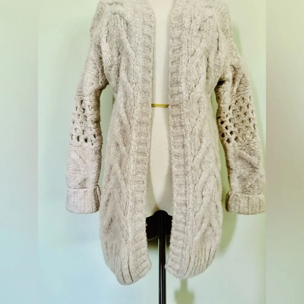🆕 [I R O] “Air” Beige Cable Knit Wool Blend Long Cardigan Sz: S - Picture 8 of 11